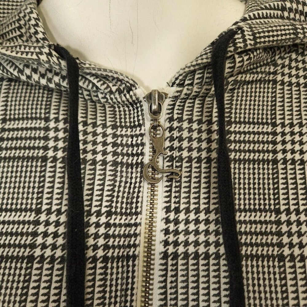 Hooded Sweater Jacket Womens Medium Zipper Black White Plaid Houndstooth Dress